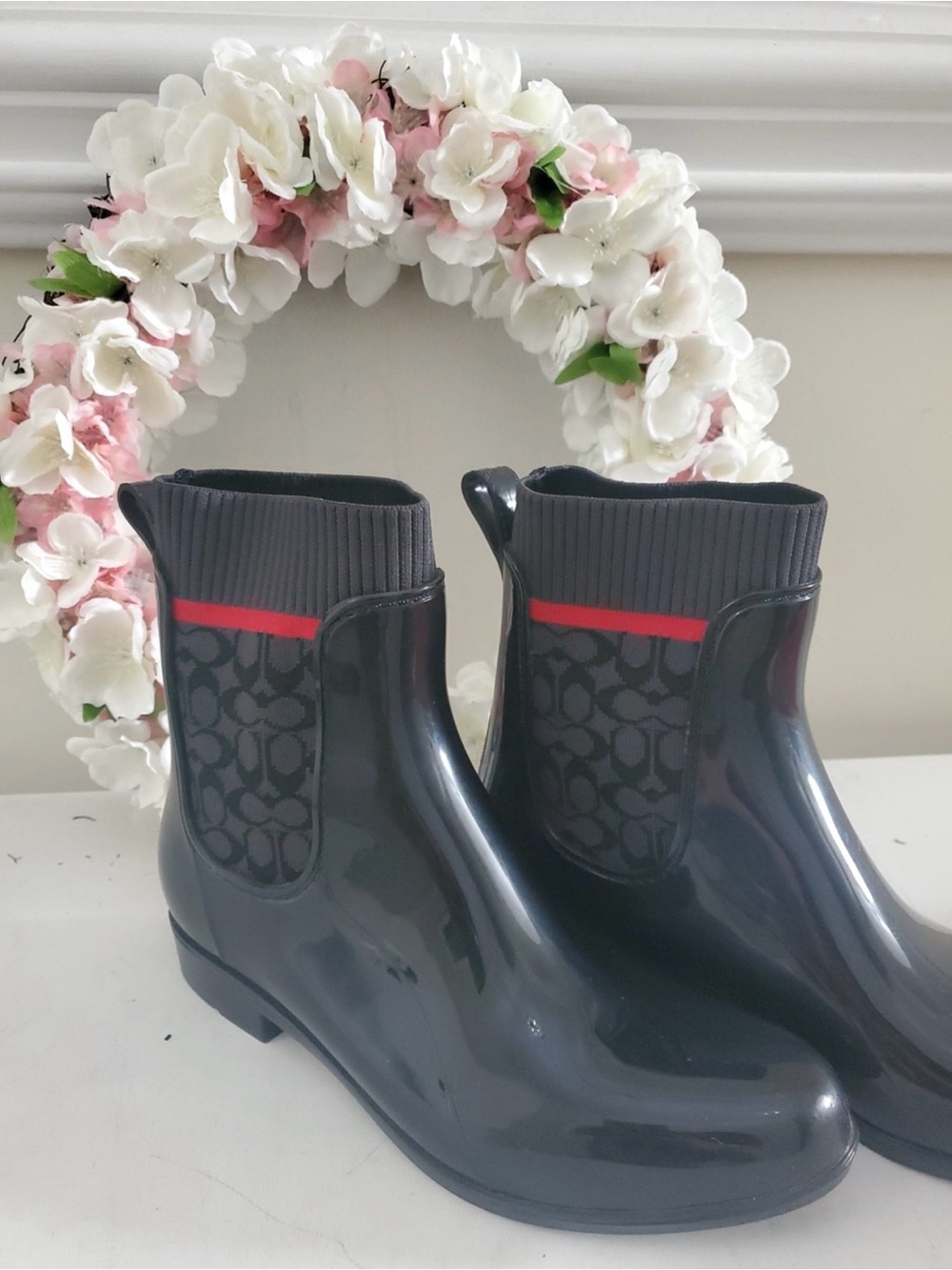 Coach Rivington Signature Knit Ankle Rain Boots